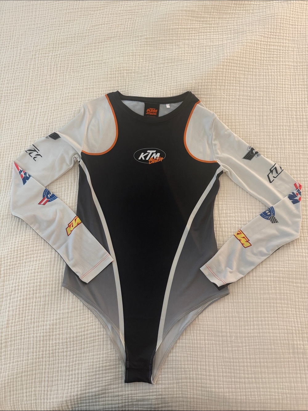 Pull&Bear Black, White & Orange Long-Sleeve One-Piece Swim Suit
